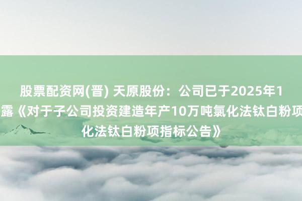 股票配资网(晋) 天原股份：公司已于2025年12月31日裸露《对于子公司投资建造年产10万吨氯化法钛白粉项指标公告》